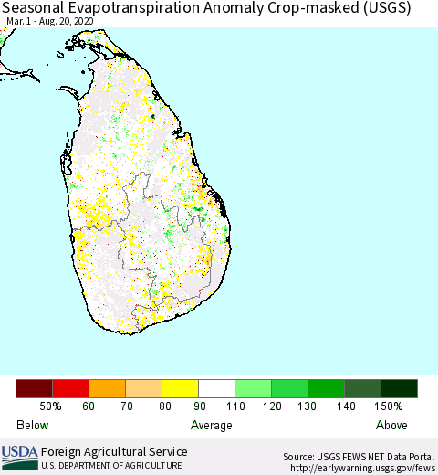 Sri Lanka Seasonal Actual Evapotranspiration Anomaly over Croplands (USGS) Thematic Map For 5/1/2020 - 8/20/2020