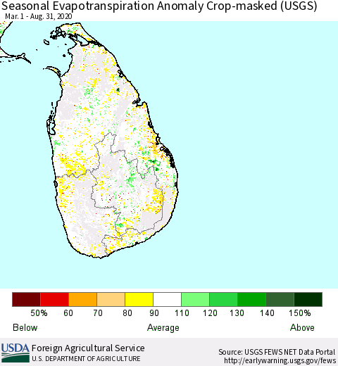 Sri Lanka Seasonal Actual Evapotranspiration Anomaly over Croplands (USGS) Thematic Map For 5/1/2020 - 8/31/2020