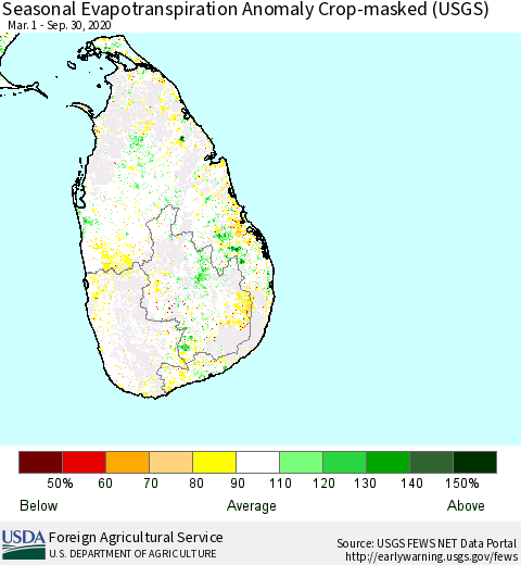 Sri Lanka Seasonal Actual Evapotranspiration Anomaly over Croplands (USGS) Thematic Map For 5/1/2020 - 9/30/2020