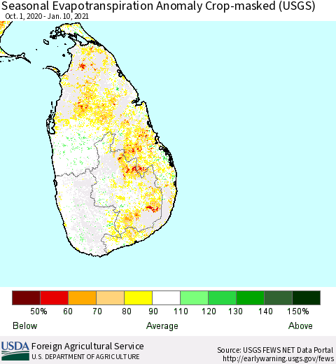 Sri Lanka Seasonal Actual Evapotranspiration Anomaly over Croplands (USGS) Thematic Map For 10/1/2020 - 1/10/2021