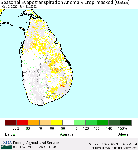 Sri Lanka Seasonal Actual Evapotranspiration Anomaly over Croplands (USGS) Thematic Map For 10/1/2020 - 1/31/2021