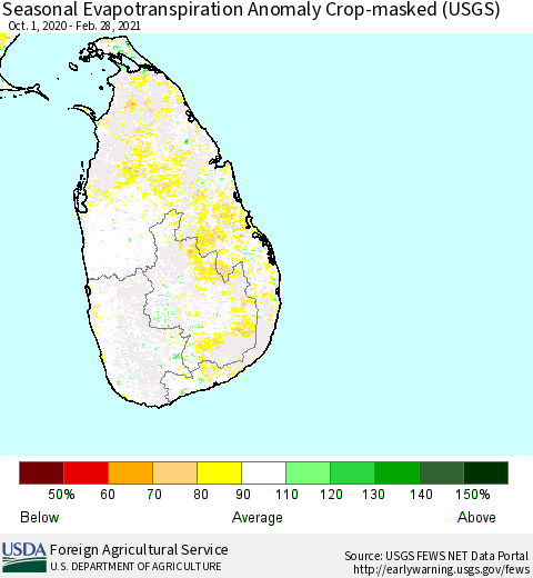 Sri Lanka Seasonal Actual Evapotranspiration Anomaly over Croplands (USGS) Thematic Map For 10/1/2020 - 2/28/2021