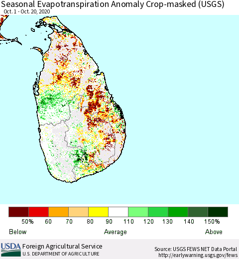 Sri Lanka Seasonal Actual Evapotranspiration Anomaly over Croplands (USGS) Thematic Map For 10/1/2020 - 10/20/2020