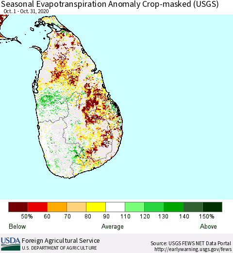 Sri Lanka Seasonal Actual Evapotranspiration Anomaly over Croplands (USGS) Thematic Map For 10/1/2020 - 10/31/2020