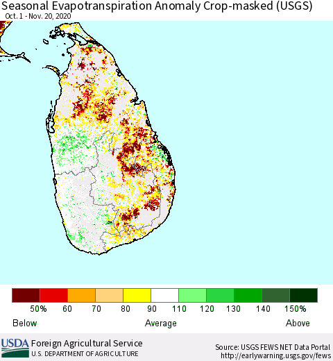 Sri Lanka Seasonal Actual Evapotranspiration Anomaly over Croplands (USGS) Thematic Map For 10/1/2020 - 11/20/2020