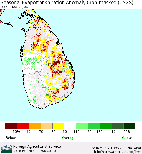 Sri Lanka Seasonal Actual Evapotranspiration Anomaly over Croplands (USGS) Thematic Map For 10/1/2020 - 11/30/2020