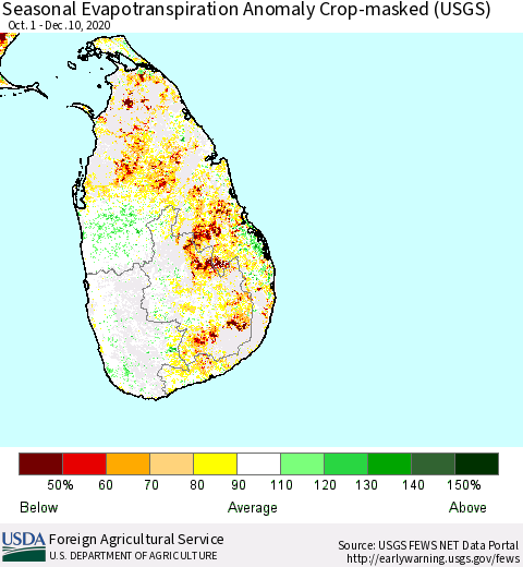 Sri Lanka Seasonal Actual Evapotranspiration Anomaly over Croplands (USGS) Thematic Map For 10/1/2020 - 12/10/2020