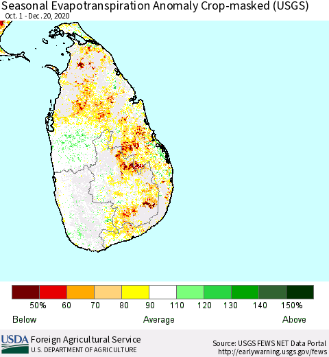 Sri Lanka Seasonal Actual Evapotranspiration Anomaly over Croplands (USGS) Thematic Map For 10/1/2020 - 12/20/2020