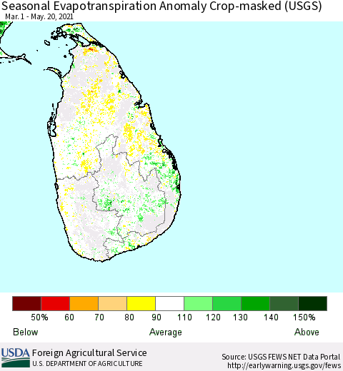 Sri Lanka Seasonal Actual Evapotranspiration Anomaly over Croplands (USGS) Thematic Map For 5/1/2021 - 5/20/2021
