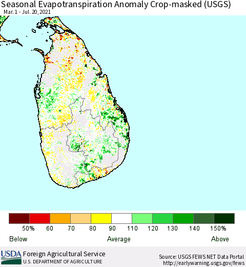 Sri Lanka Seasonal Actual Evapotranspiration Anomaly over Croplands (USGS) Thematic Map For 5/1/2021 - 7/20/2021