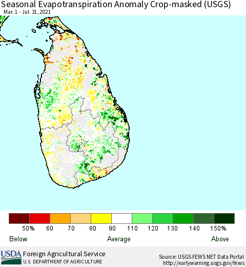 Sri Lanka Seasonal Actual Evapotranspiration Anomaly over Croplands (USGS) Thematic Map For 5/1/2021 - 7/31/2021