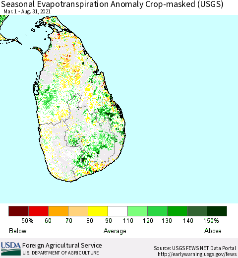 Sri Lanka Seasonal Actual Evapotranspiration Anomaly over Croplands (USGS) Thematic Map For 5/1/2021 - 8/31/2021