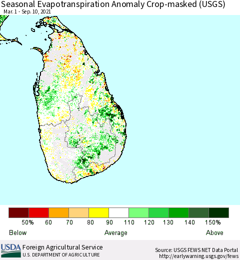Sri Lanka Seasonal Actual Evapotranspiration Anomaly over Croplands (USGS) Thematic Map For 5/1/2021 - 9/10/2021