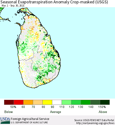 Sri Lanka Seasonal Actual Evapotranspiration Anomaly over Croplands (USGS) Thematic Map For 5/1/2021 - 9/30/2021