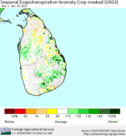 Sri Lanka Seasonal Actual Evapotranspiration Anomaly over Croplands (USGS) Thematic Map For 5/1/2021 - 12/10/2021