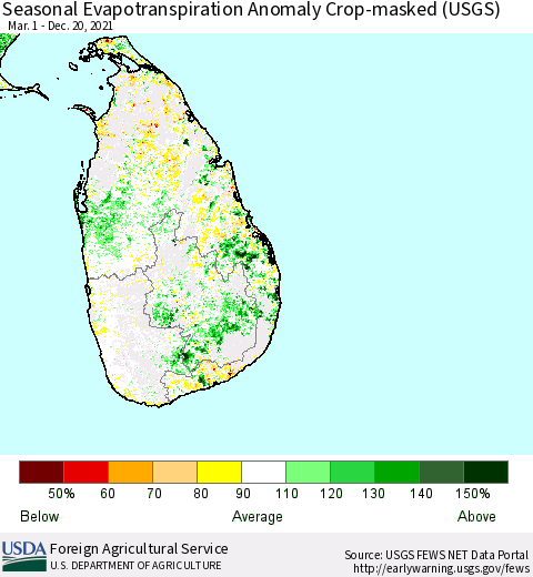 Sri Lanka Seasonal Actual Evapotranspiration Anomaly over Croplands (USGS) Thematic Map For 5/1/2021 - 12/20/2021