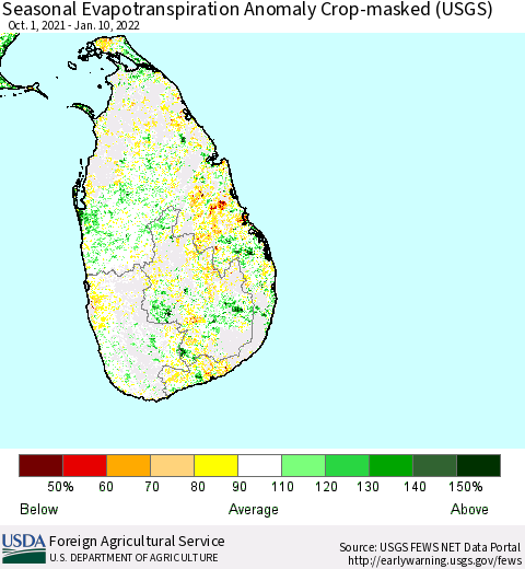 Sri Lanka Seasonal Actual Evapotranspiration Anomaly over Croplands (USGS) Thematic Map For 10/1/2021 - 1/10/2022