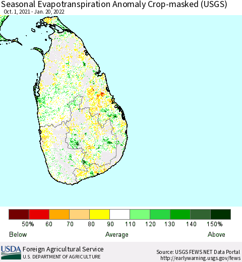 Sri Lanka Seasonal Actual Evapotranspiration Anomaly over Croplands (USGS) Thematic Map For 10/1/2021 - 1/20/2022