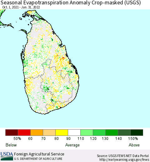 Sri Lanka Seasonal Actual Evapotranspiration Anomaly over Croplands (USGS) Thematic Map For 10/1/2021 - 1/31/2022