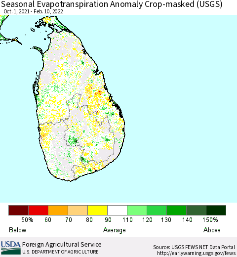Sri Lanka Seasonal Actual Evapotranspiration Anomaly over Croplands (USGS) Thematic Map For 10/1/2021 - 2/10/2022