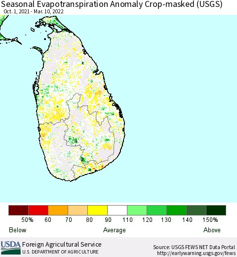 Sri Lanka Seasonal Actual Evapotranspiration Anomaly over Croplands (USGS) Thematic Map For 10/1/2021 - 3/10/2022