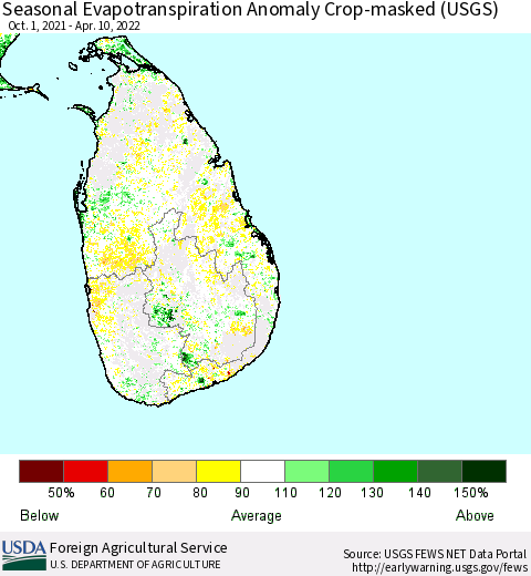 Sri Lanka Seasonal Actual Evapotranspiration Anomaly over Croplands (USGS) Thematic Map For 10/1/2021 - 4/10/2022