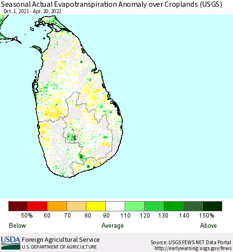 Sri Lanka Seasonal Actual Evapotranspiration Anomaly over Croplands (USGS) Thematic Map For 10/1/2021 - 4/20/2022