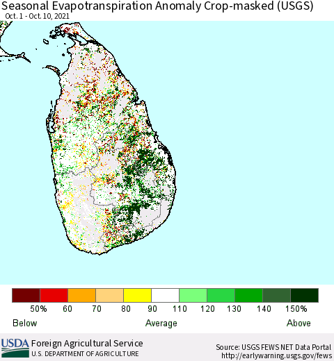 Sri Lanka Seasonal Actual Evapotranspiration Anomaly over Croplands (USGS) Thematic Map For 10/1/2021 - 10/10/2021