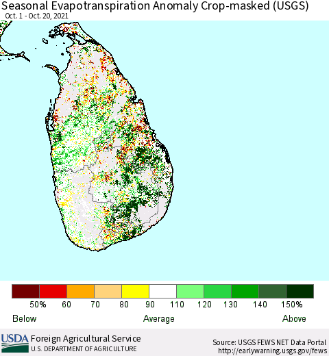 Sri Lanka Seasonal Actual Evapotranspiration Anomaly over Croplands (USGS) Thematic Map For 10/1/2021 - 10/20/2021