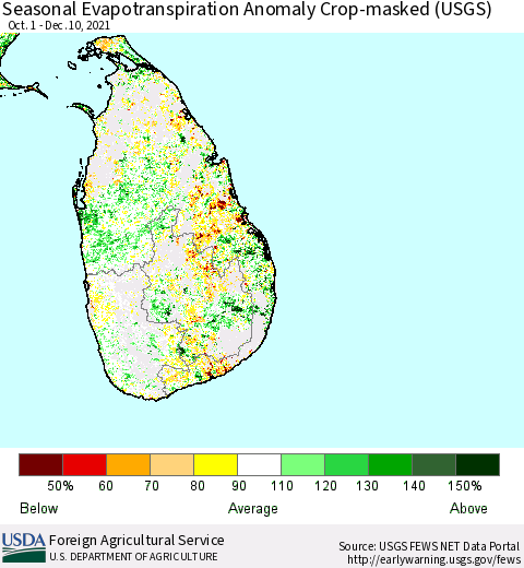 Sri Lanka Seasonal Actual Evapotranspiration Anomaly over Croplands (USGS) Thematic Map For 10/1/2021 - 12/10/2021