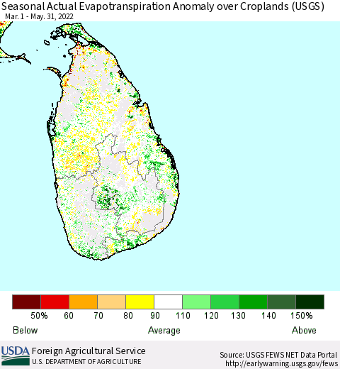 Sri Lanka Seasonal Actual Evapotranspiration Anomaly over Croplands (USGS) Thematic Map For 5/1/2022 - 5/31/2022
