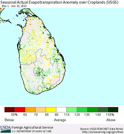 Sri Lanka Seasonal Actual Evapotranspiration Anomaly over Croplands (USGS) Thematic Map For 5/1/2022 - 6/10/2022