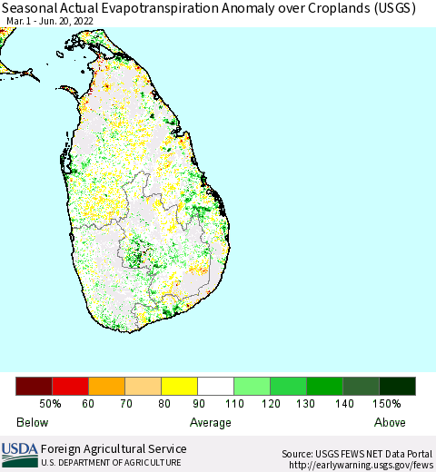 Sri Lanka Seasonal Actual Evapotranspiration Anomaly over Croplands (USGS) Thematic Map For 5/1/2022 - 6/20/2022