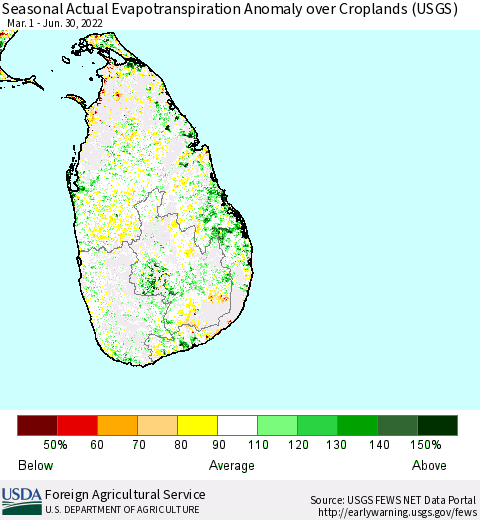 Sri Lanka Seasonal Actual Evapotranspiration Anomaly over Croplands (USGS) Thematic Map For 5/1/2022 - 6/30/2022