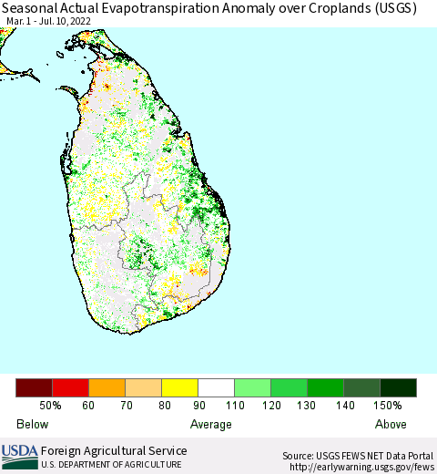 Sri Lanka Seasonal Actual Evapotranspiration Anomaly over Croplands (USGS) Thematic Map For 5/1/2022 - 7/10/2022