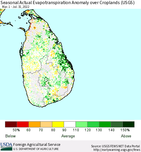 Sri Lanka Seasonal Actual Evapotranspiration Anomaly over Croplands (USGS) Thematic Map For 5/1/2022 - 7/31/2022