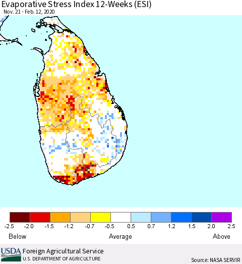 Sri Lanka Evaporative Stress Index (ESI), 12-Weeks Thematic Map For 2/10/2020 - 2/16/2020