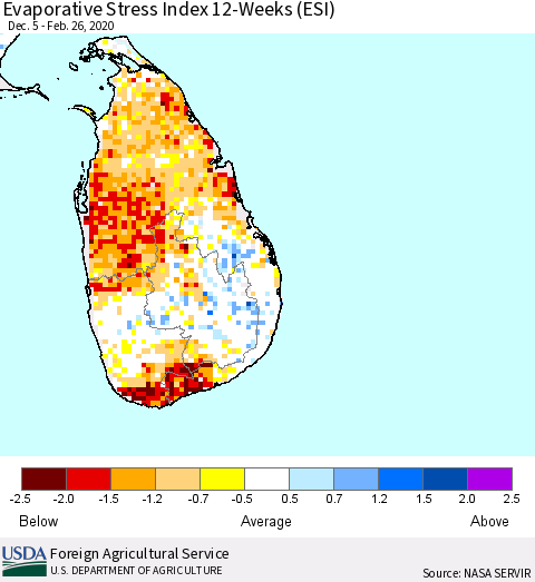 Sri Lanka Evaporative Stress Index (ESI), 12-Weeks Thematic Map For 2/24/2020 - 3/1/2020
