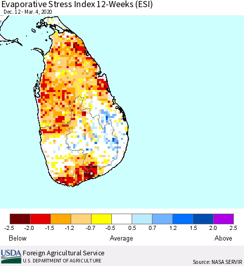 Sri Lanka Evaporative Stress Index (ESI), 12-Weeks Thematic Map For 3/2/2020 - 3/8/2020