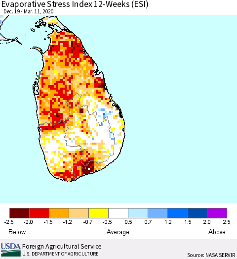 Sri Lanka Evaporative Stress Index (ESI), 12-Weeks Thematic Map For 3/9/2020 - 3/15/2020