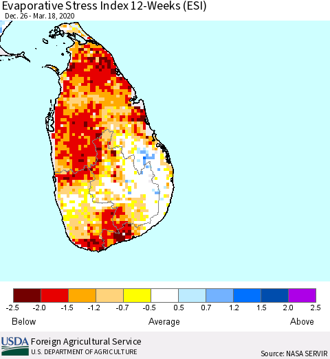 Sri Lanka Evaporative Stress Index (ESI), 12-Weeks Thematic Map For 3/16/2020 - 3/22/2020
