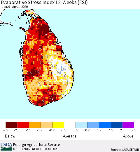 Sri Lanka Evaporative Stress Index (ESI), 12-Weeks Thematic Map For 3/30/2020 - 4/5/2020