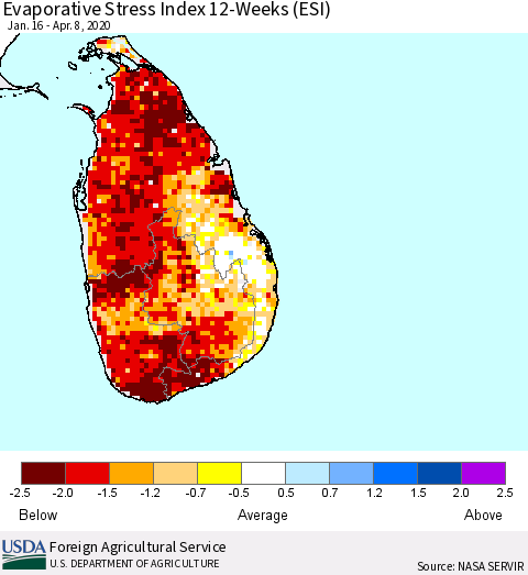 Sri Lanka Evaporative Stress Index (ESI), 12-Weeks Thematic Map For 4/6/2020 - 4/12/2020