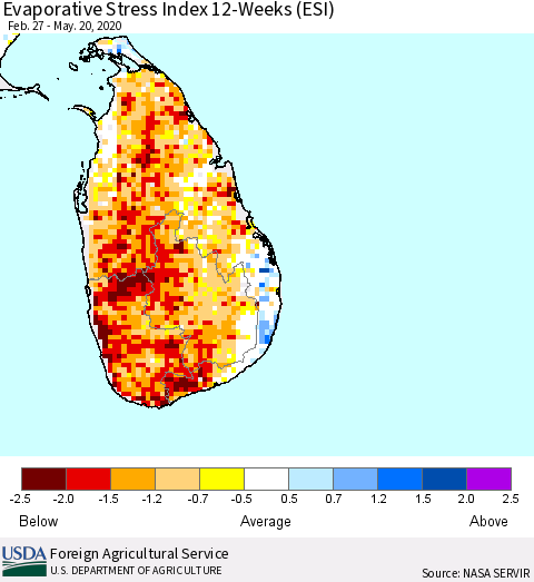 Sri Lanka Evaporative Stress Index (ESI), 12-Weeks Thematic Map For 5/18/2020 - 5/24/2020