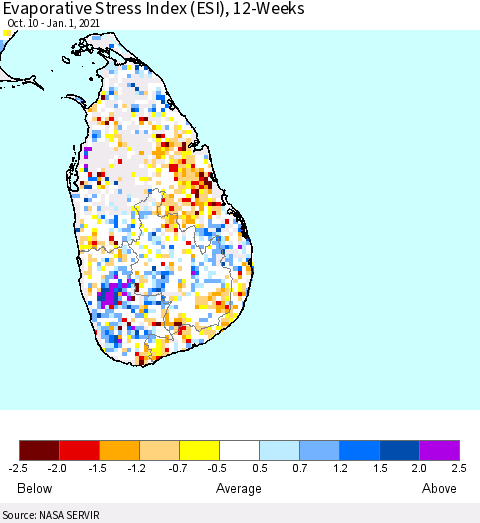 Sri Lanka Evaporative Stress Index (ESI), 12-Weeks Thematic Map For 12/28/2020 - 1/3/2021
