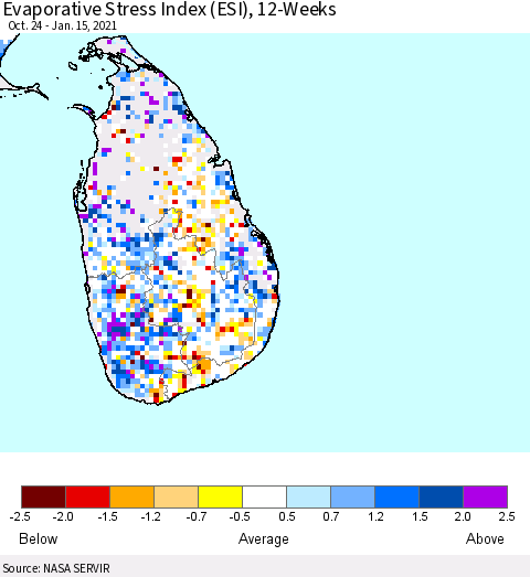 Sri Lanka Evaporative Stress Index (ESI), 12-Weeks Thematic Map For 1/11/2021 - 1/17/2021