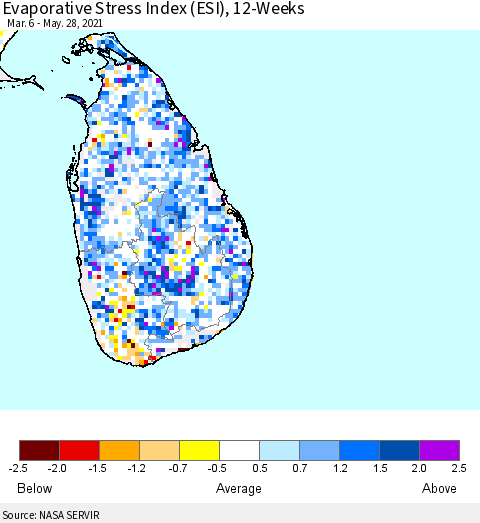 Sri Lanka Evaporative Stress Index (ESI), 12-Weeks Thematic Map For 5/24/2021 - 5/30/2021