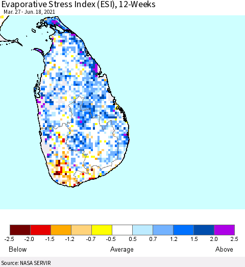 Sri Lanka Evaporative Stress Index (ESI), 12-Weeks Thematic Map For 6/14/2021 - 6/20/2021