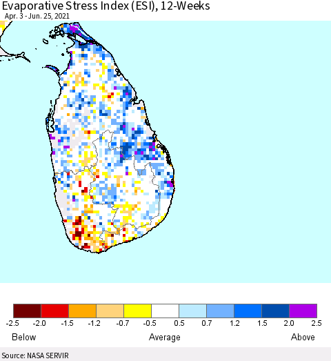 Sri Lanka Evaporative Stress Index (ESI), 12-Weeks Thematic Map For 6/21/2021 - 6/27/2021