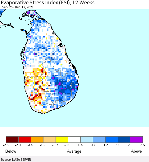 Sri Lanka Evaporative Stress Index (ESI), 12-Weeks Thematic Map For 12/13/2021 - 12/19/2021